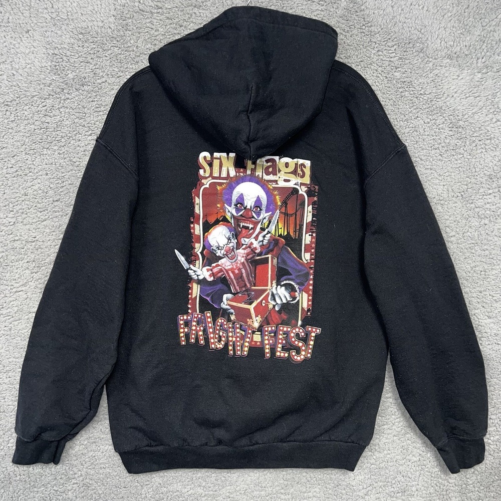 Six Flags Fright Fest Sweater Men's Size L Black Clown Halloween Hoodie Pullover